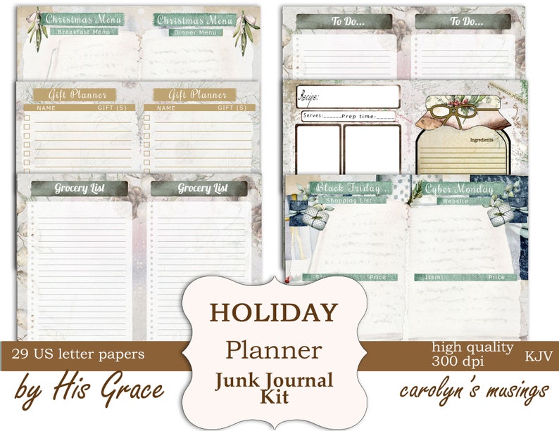 May include: A printable set of 29 US letter-sized holiday planner pages. The pages feature a rustic, vintage aesthetic with a distressed background and handwritten text. The pages include a Christmas menu, gift planner, grocery list, to-do list, Black Friday shopping list, and Cyber Monday website list.