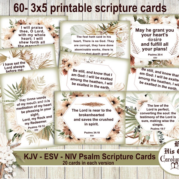 Prayer Journal, 60 Psalm printable Scripture Cards, KJV, ESV, NIV, Encouraging Psalms, Verse Card, Inspirational Scripture, Card Making