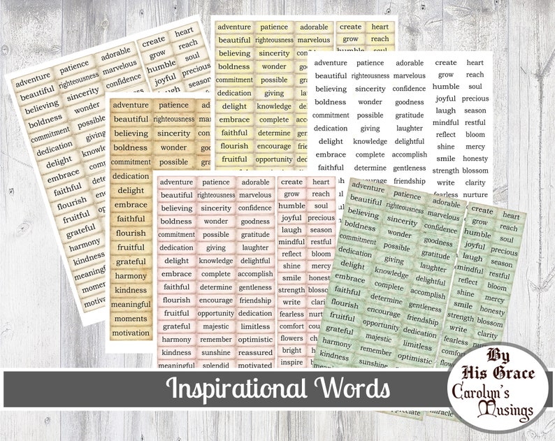 Junk Journal Inspirational Words in 6 colours, tea stained, minimalist white, shabby pink, vintage green, and pastel yellow