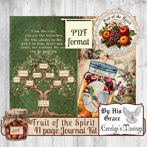 Kit de diario devocional Fruto del Espíritu, PDF, material efímero de fe, papeles de collage, etiquetas, elementos interactivos, descarga digital