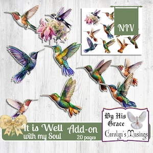 Puede incluir: Un paquete digital imprimible de 20 p&aacute;ginas con ilustraciones coloridas de colibr&iacute;es. El paquete incluye el texto "It is Well with my Soul" y "By His Grace Carolyn's Musings".