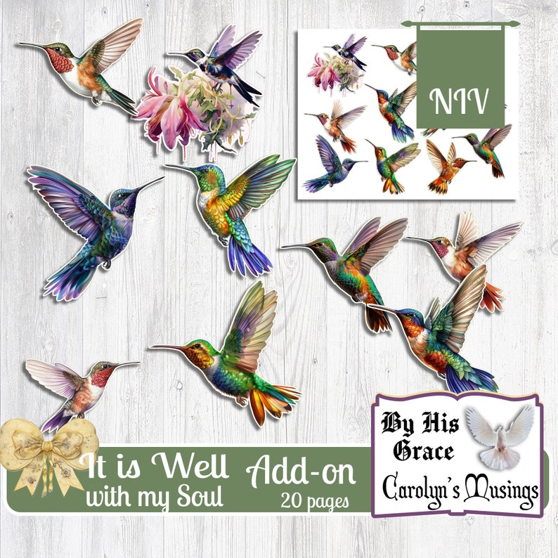 Puede incluir: Un paquete digital imprimible de 20 p&aacute;ginas con ilustraciones coloridas de colibr&iacute;es. El paquete incluye el texto "It is Well with my Soul" y "By His Grace Carolyn's Musings".