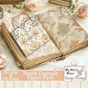 May include: A vintage book with peach and grey damask patterned paper inside. The book is open to reveal the paper. The text on the book reads "Peach Damask Paper Pack" and "A4 size & US letter".