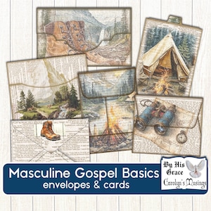 Journal numérique masculin indésirable, documents éphémères basés sur la foi, thème de voyage camping pêche, bases de l'Évangile, enveloppes et cartes, téléchargement numérique bricolage