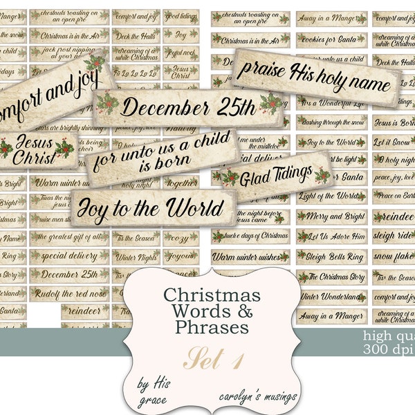 junk journal Christmas Word Phrases printable, junk journal kit supplies, Digital Download, Christmas Embellishments