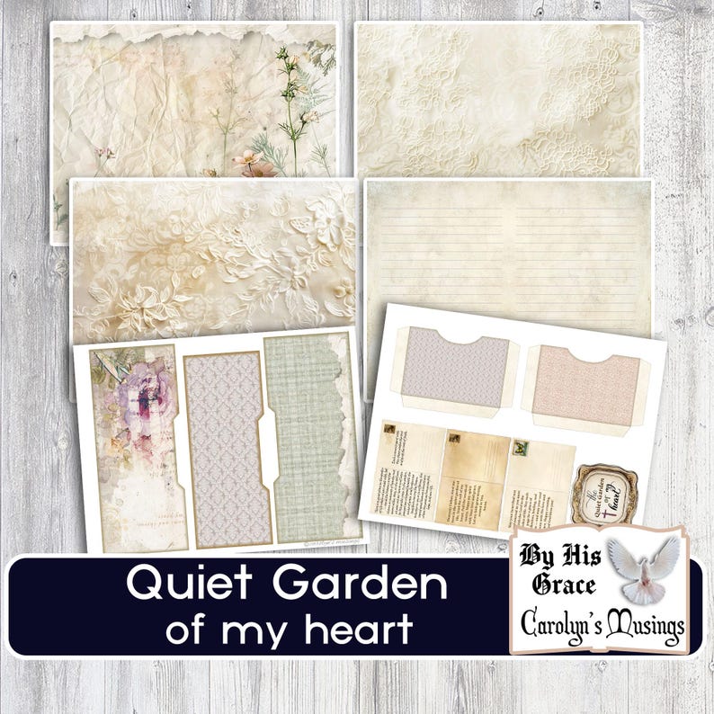 May include: A collection of vintage-style paper ephemera with floral and lace patterns. The set includes lined paper, pockets, tags, and decorative elements in soft beige, cream, and pastel colors. The text "Quiet Garden of my heart" is displayed on a dark blue banner.