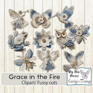 May include: A collection of blue and beige paper cutouts featuring various designs, including an angel, butterfly, hummingbird, frog, flower, owl, bee, and dove. The text "Grace in the Fire" and "Clipart/ Fussy cuts" are also present.