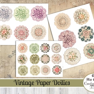 May include: A set of 18 vintage paper doilies with floral designs in various colors, including pink, green, blue, and white. The doilies are arranged in three rows of six on a white background. The text "Vintage Paper Doilies" is at the bottom of the image.