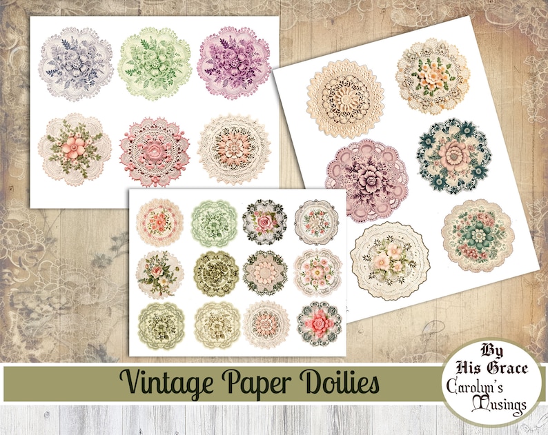 May include: A set of 18 vintage paper doilies with floral designs in various colors, including pink, green, blue, and white. The doilies are arranged in three rows of six on a white background. The text "Vintage Paper Doilies" is at the bottom of the image.