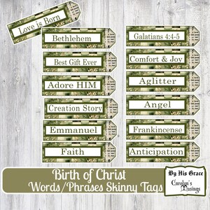 Christmas Words, Birth of Christ Phrases, Skinny Tags, Junk Journal Embellishments, Scrapbook Ephemera, Printable, Digital Download