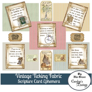 Op de afbeelding: Vintage printbare schriftkaarten met een ticking-stofontwerp. De kaarten bevatten verschillende bijbelteksten en illustraties, waaronder een boom, een fiets, een put en een huis. De kaarten zijn perfect om een vleugje geloof en vintage charme aan uw interieur toe te voegen.