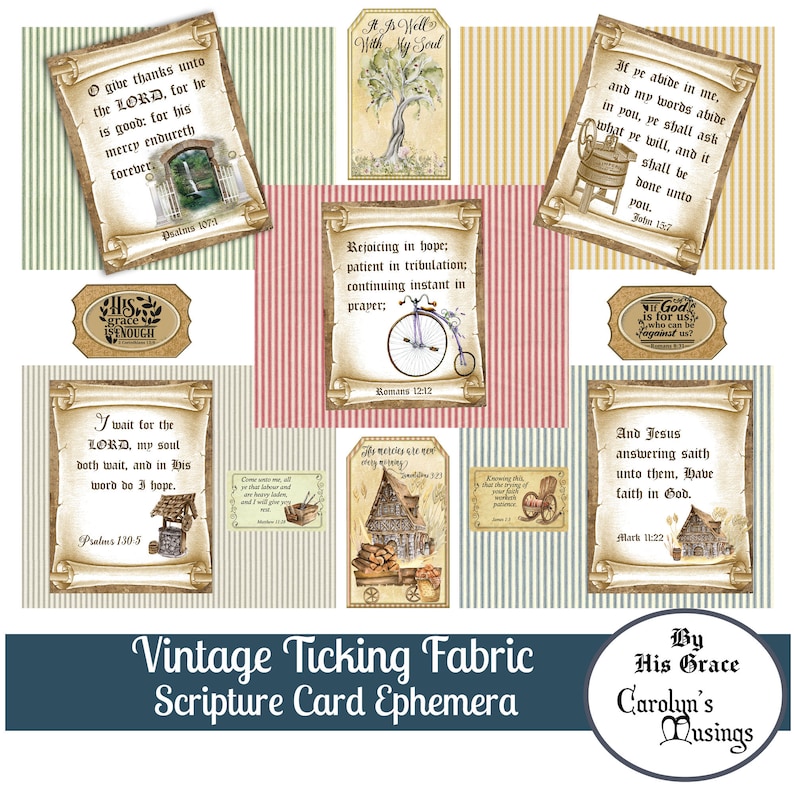 Op de afbeelding: Vintage printbare schriftkaarten met een ticking-stofontwerp. De kaarten bevatten verschillende bijbelteksten en illustraties, waaronder een boom, een fiets, een put en een huis. De kaarten zijn perfect om een vleugje geloof en vintage charme aan uw interieur toe te voegen.