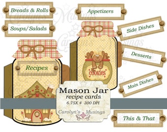 Printable Mason Jar Recipe Cards, Vintage Baking Gift (Digital Download)