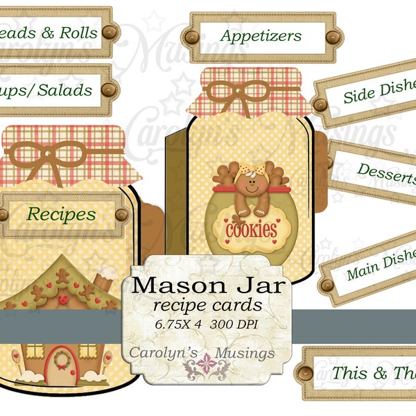 Printable Gift, Mason Jar Recipe Cards, Digital Recipe Cards, Baking, Bakery, Vintage Retro Style, Recipe book kit Digital Download