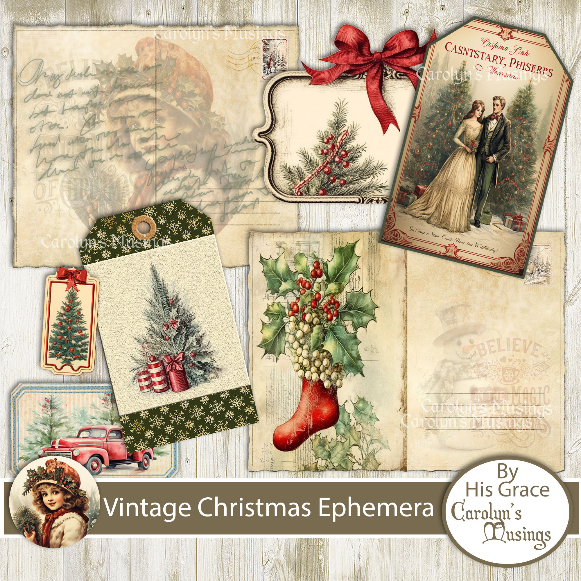 Printable Christmas Junk Journal Kit Winter Themed Journaling Supplies  Vintage Xmas Ephemera Tags Cards Pages Digital Scrapbook Papers 