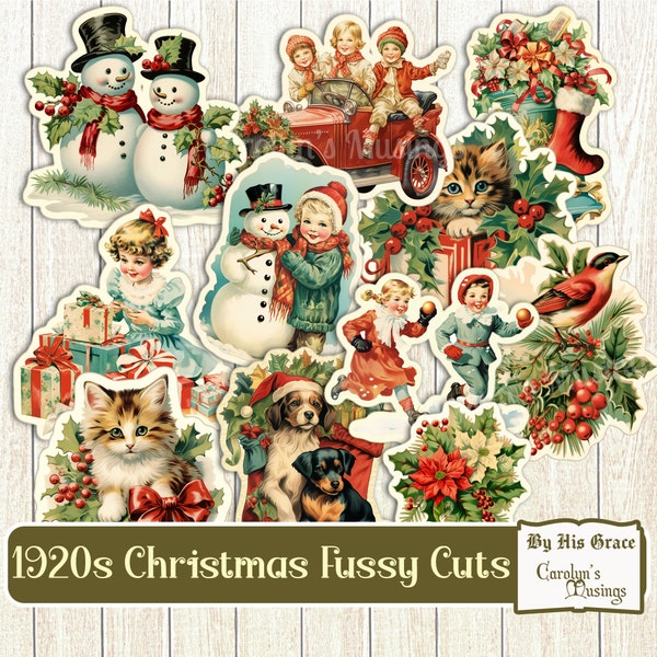 Junk Journal, 1920 Christmas Fussy Cuts, Vintage Christmas, Christmas fussy Cuts, Christmas Clipart, Printable Stickers, Ephemera, Scrapbook