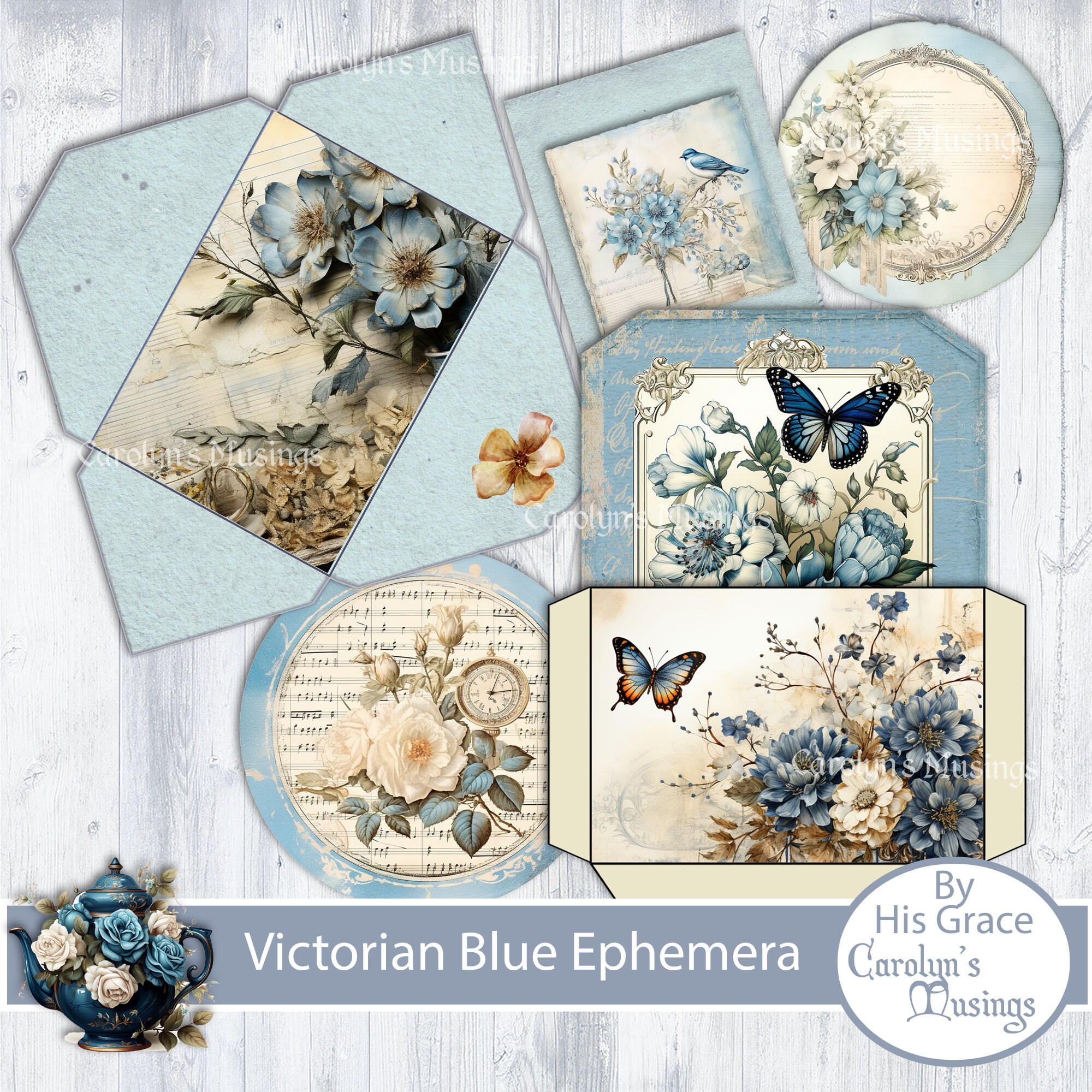 Victorian Blue Junk Journal Ephemera Addon: Printable Paper (digital ...