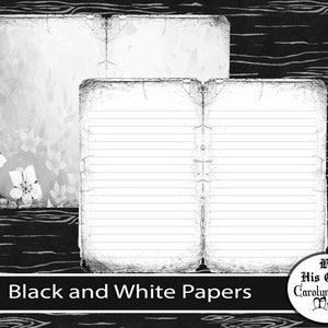May include: Black and white papers with floral and lined designs. The papers have a distressed, vintage look with a textured border. The image includes the text "Black and White Papers" and a logo.