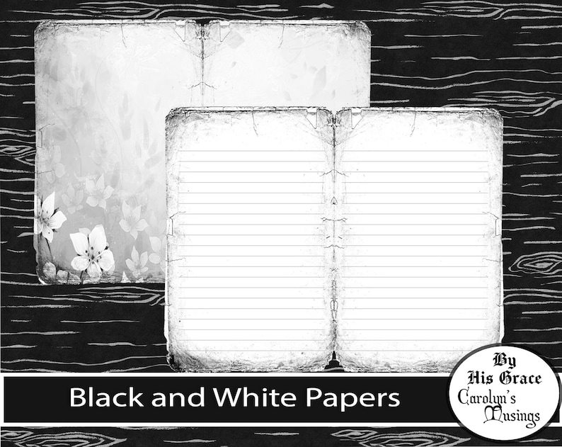 May include: Black and white papers with floral and lined designs. The papers have a distressed, vintage look with a textured border. The image includes the text "Black and White Papers" and a logo.