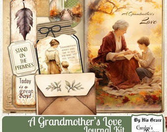 Könnte beinhalten: Ein digitales Scrapbooking-Set mit Vintage-Ästhetik, das eine Großmutter und ein Enkelkind in einer Herbstlandschaft zeigt. Das Set enthält Bilder, Papiere und Verzierungen mit einem Zitat über Großmütter. Das Set trägt den Titel "A Grandmother's Love Journal Kit" und ist von "By His Grace Carolyn's Musings".