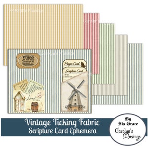 Op de afbeelding: Een set van vijf vintage ticking-stoffen met blauwe, groene, rode en gele strepen. De stoffen zijn gestapeld met een windmolen en een schriftkaart bovenop. De tekst op de schriftkaart luidt "Prayer Card" en "Scripture Card". De tekst onderaan de afbeelding luidt "Vintage Ticking Fabric Scripture Card Ephemera" en "By His Grace Carolyn's Musings".