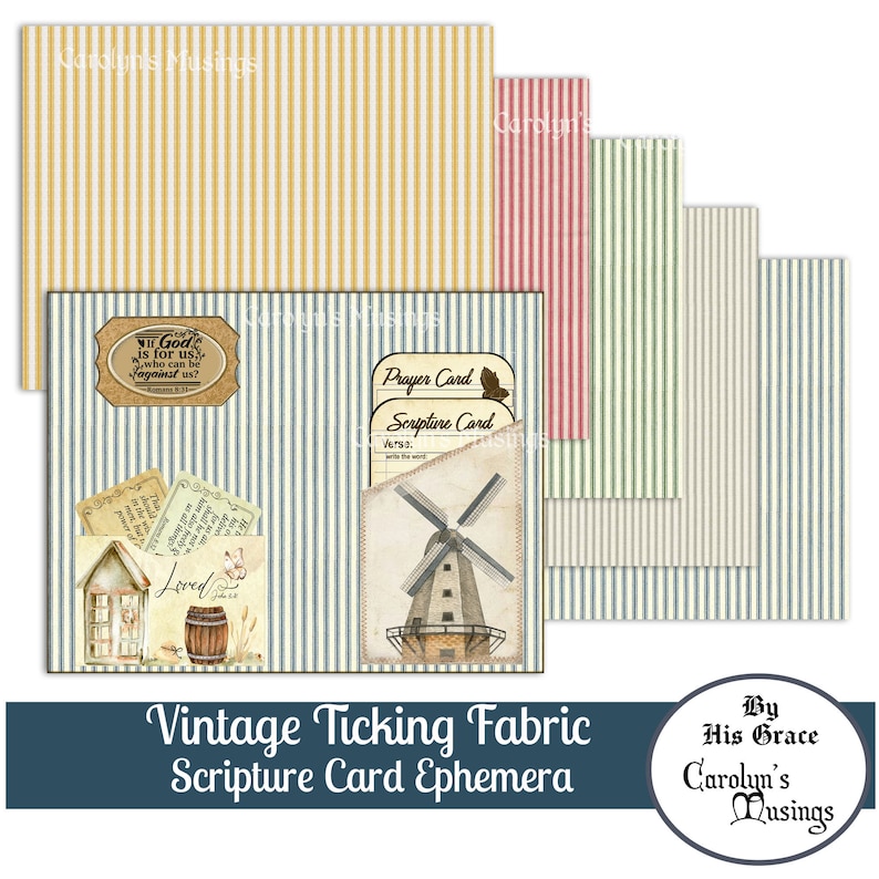 Op de afbeelding: Een set van vijf vintage ticking-stoffen met blauwe, groene, rode en gele strepen. De stoffen zijn gestapeld met een windmolen en een schriftkaart bovenop. De tekst op de schriftkaart luidt "Prayer Card" en "Scripture Card". De tekst onderaan de afbeelding luidt "Vintage Ticking Fabric Scripture Card Ephemera" en "By His Grace Carolyn's Musings".