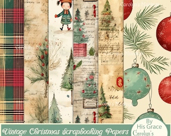 May include: A set of six vintage Christmas scrapbooking papers featuring a plaid pattern, a girl in a red hat, a Christmas tree, a musical score, and a Christmas ornament. The papers are all in a watercolor style and have a vintage feel.