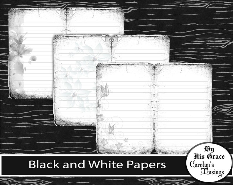 May include: Black and white lined papers with floral and butterfly designs. The papers have a distressed, vintage look with decorative edges. The text "Black and White Papers" is displayed at the bottom of the image.