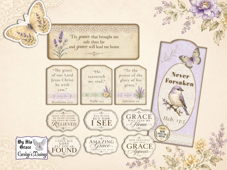 Print, cut, fold, and assemble Amazing Grace folio wallet kit with coordinating pockets, tags, cards, and scripture-inspired ephemera.