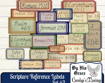 May include: A collection of vintage-style Scripture Reference Labels, featuring various Bible verses like Romans 15:18 and Jeremiah 29:11. The labels have a distressed look with decorative borders and text in elegant fonts. The set includes a dark blue banner with the text "Scripture Reference Labels Set #2".