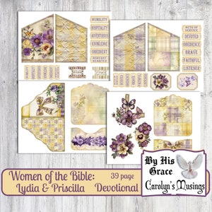 Puede incluir: Un kit de scrapbooking digital imprimible con un esquema de color amarillo, morado y blanco. El kit incluye una variedad de im&aacute;genes, incluyendo flores, mariposas y cuadros de texto. El texto incluye las palabras "Women of the Bible: Lydia & Priscilla", "39 page Devotional", "By His Grace", y "Carolyn's Musings".