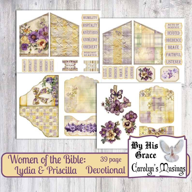 Puede incluir: Un kit de scrapbooking digital imprimible con un esquema de color amarillo, morado y blanco. El kit incluye una variedad de im&aacute;genes, incluyendo flores, mariposas y cuadros de texto. El texto incluye las palabras "Women of the Bible: Lydia & Priscilla", "39 page Devotional", "By His Grace", y "Carolyn's Musings".