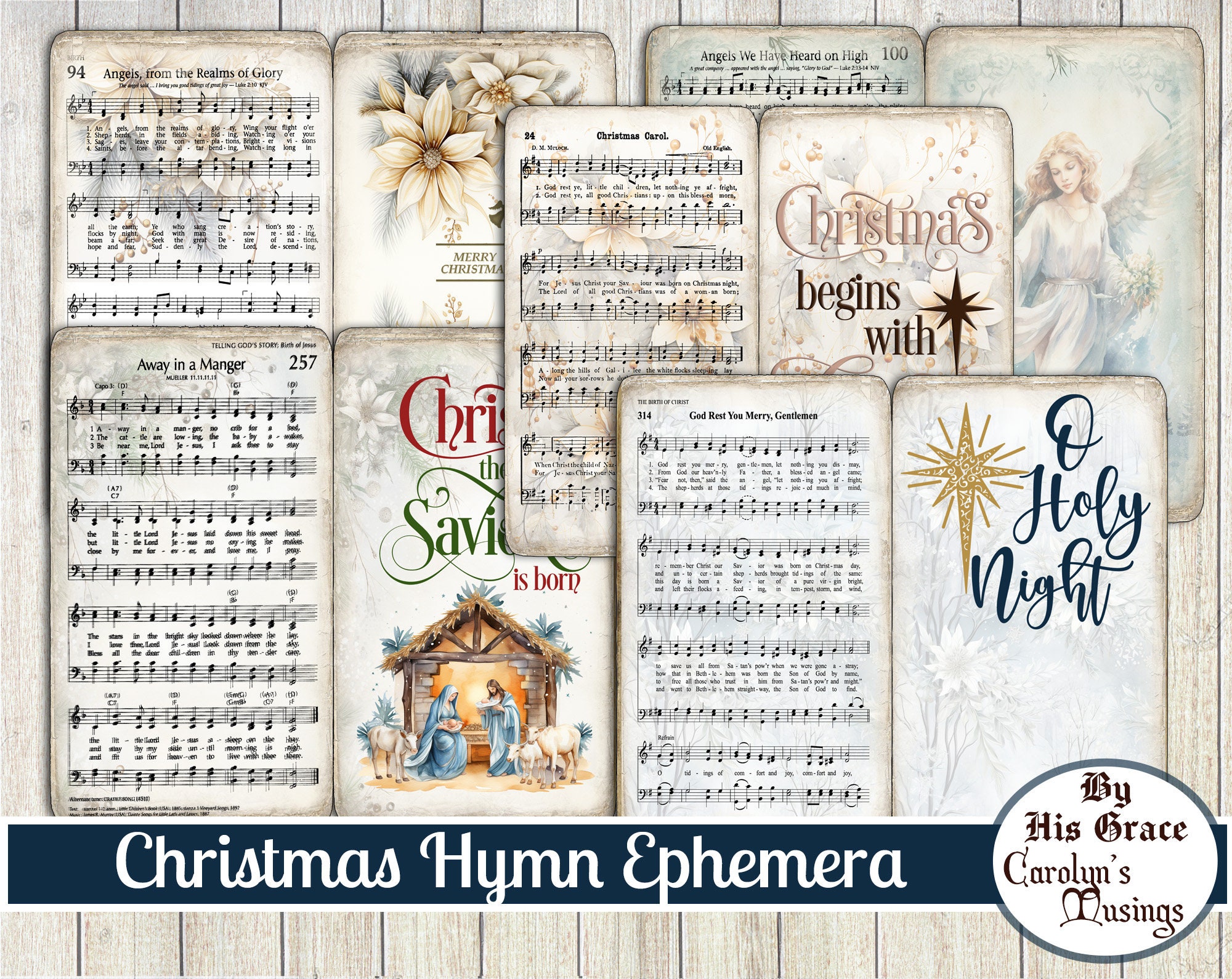 Printable Christmas Hymn Sheets, Digital Download, Christmas Music Paper, Vintage O Holy Night, Away in a Manger, The First Noel, What Child