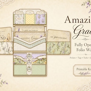 Opened Amazing Grace folio wallet showing layered pockets, tuck spots, tags, journaling spaces, and faith-based printable details.