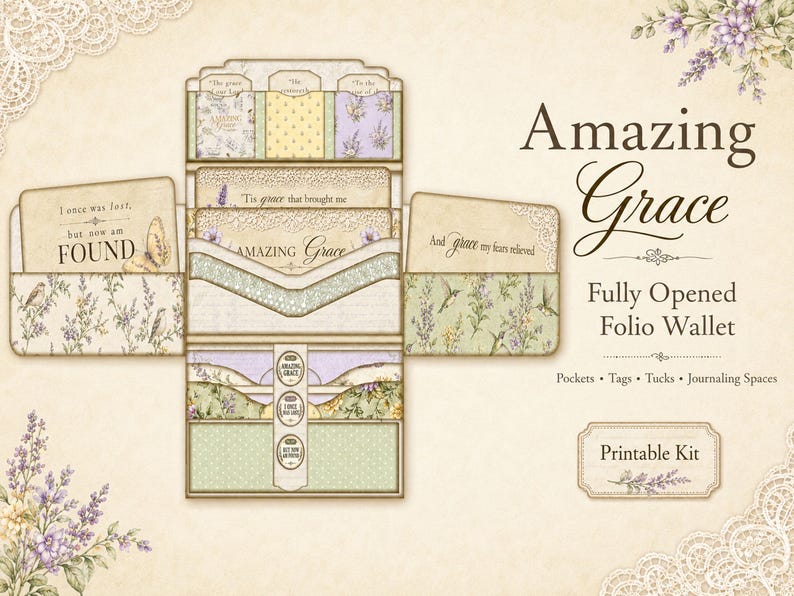 Opened Amazing Grace folio wallet showing layered pockets, tuck spots, tags, journaling spaces, and faith-based printable details.