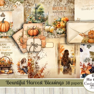 Junk Journal, Outono, Bênçãos de colheita abundante, coisas efêmeras de scrapbook de outono, papéis digitais, kit de artesanato, para impressão, papéis de colagem, vintage