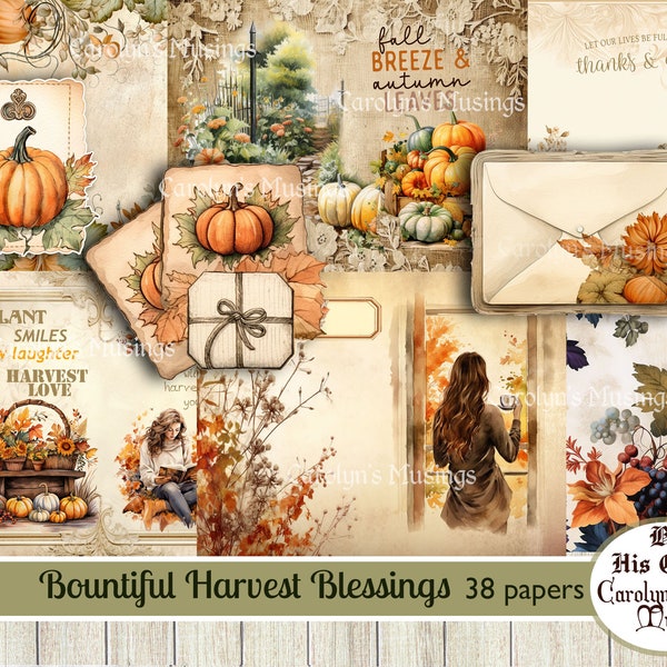 Junk Journal, Autumn, Bountiful Harvest Blessings, Fall Scrapbook ephemera, Digital Papers, Craft Kit, Printable, Collage Papers, Vintage