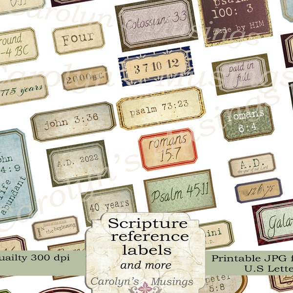 Printable Scripture Reference Labels, prayer journal ephemera, junk journal ephemera, Text labels, carolyn's musings