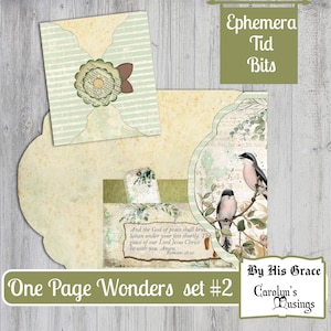 Könnte beinhalten: Ein digitales Scrapbooking-Set mit einem grünen, weißen und braunen Farbschema. Das Set enthält eine Vielzahl von Elementen, wie Vögel, Blumen und ein Zitat über Frieden. Das Set trägt den Titel "One Page Wonders set #2" und stammt von "Carolyn's Musings".