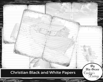 Puede incluir: Papeles cristianos en blanco y negro con páginas rayadas y bordes desgastados. La imagen incluye una ilustración de un edificio al estilo acuarela y una cita de The Lord. El texto "Christian Black and White Papers" se muestra en la parte inferior.
