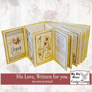 A decorative, open journal with a floral design and the word "LOVE" in large letters. The journal features the text "Jesus HEARTBEAT" and inspirational quotes. The cover reads "His Love, Written for you."