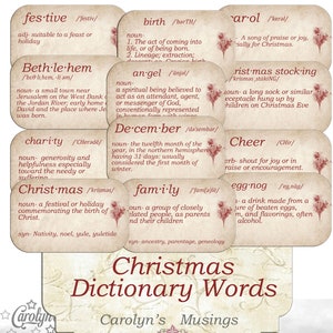 Christmas Dictionary Words, Junk Journal Printable, Journal supplies, journal paper Ephemera, Labels, Tags,