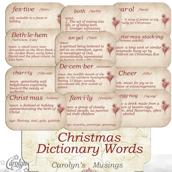 Christmas Dictionary Words, Junk Journal Printable, Journal supplies, journal paper Ephemera, Labels, Tags,