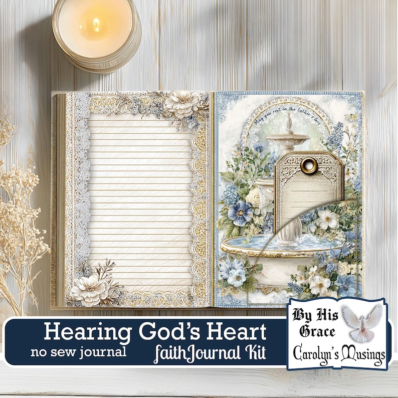 Digital faith journal kit with scripture and botanical theme for spiritual growth seekers. Faith journal kit with botanical designs and scripture, featuring flowers and a fountain. Enhance spiritual growth with this digital faith journal kit featuring peaceful botanical design.