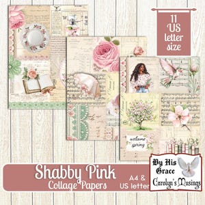 Papeles y elementos para scrapbooking, collage rosa desgastado, diario basura, creación de tarjetas, imprimible floral primaveral, tamaño carta, descarga digital A4