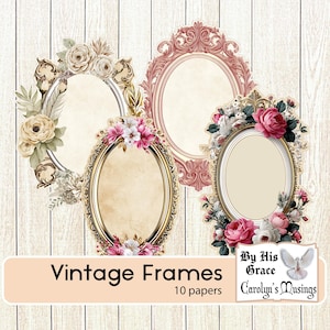 May include: Four vintage oval frames with floral embellishments. The frames are in shades of gold, pink, and silver, with cream-colored centers. The image includes the text "Vintage Frames" and "10 papers".