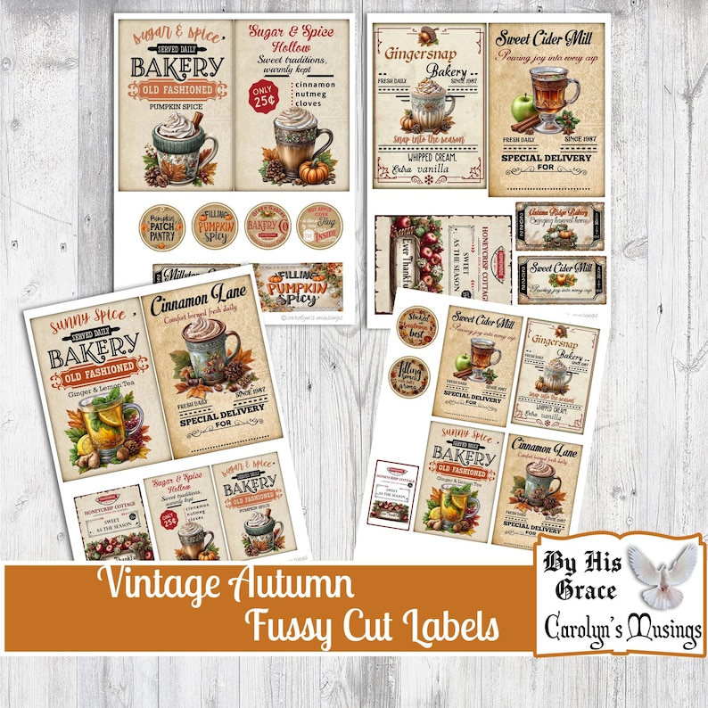 May include: A collection of vintage-style autumn-themed fussy cut labels. The labels feature bakery and cafe designs with illustrations of coffee, tea, and fall spices. Text includes "Sugar & Spice," "Gingersnap Bakery," and "Sweet Cider Mill."