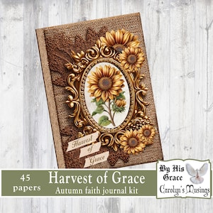 May include: A journal with a sunflower design. The cover features a gold-colored ornate frame with a sunflower illustration. The journal is titled "Harvest of Grace" and includes the text "Autumn faith journal kit". The journal has 45 papers.