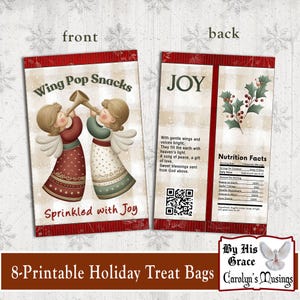 Puede incluir: Bolsas de golosinas navideñas imprimibles con ilustraciones de ángeles. La parte delantera de la bolsa dice "Wing Pop Snacks" y "Sprinkled with Joy". La parte trasera de la bolsa tiene la palabra "JOY" y una ramita de acebo. Las bolsas también incluyen información nutricional y un código QR.