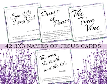 May include: 42 cards with different names of Jesus, each with a scripture reference. The cards are white with black text and a purple floral design border. The names include "Son of the Living God", "Prince of Peace", "The True Vine", and "The Way, the Truth, and the Life".